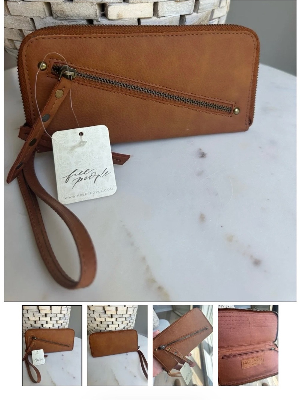 Free People Cognac Leather Zip Wristlet